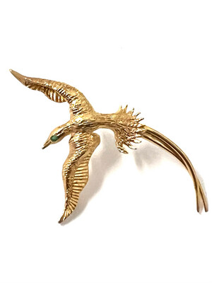 Gold Brosche Anhänger 10 kt amerikanisch USA Design Paradiesvogel, Vogel mit ausgebreiteten Flügeln und langen Schwanzfedern