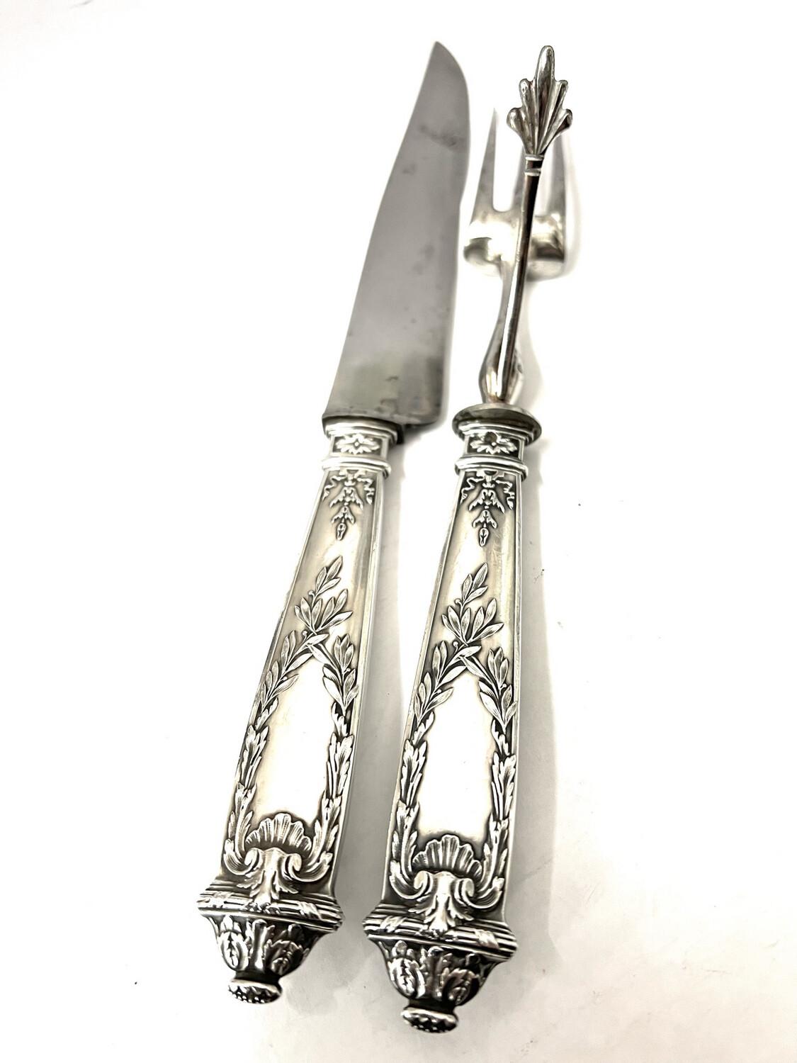 Carving cutlery, carving knife, carving fork, silver handles around 1890 France 19th century 