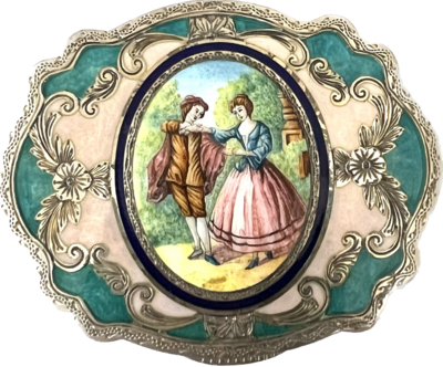 Box engraved silver inside gilded , with enamel gallantry scene of a couple from the 18th century made in Italy ca. 1920’s