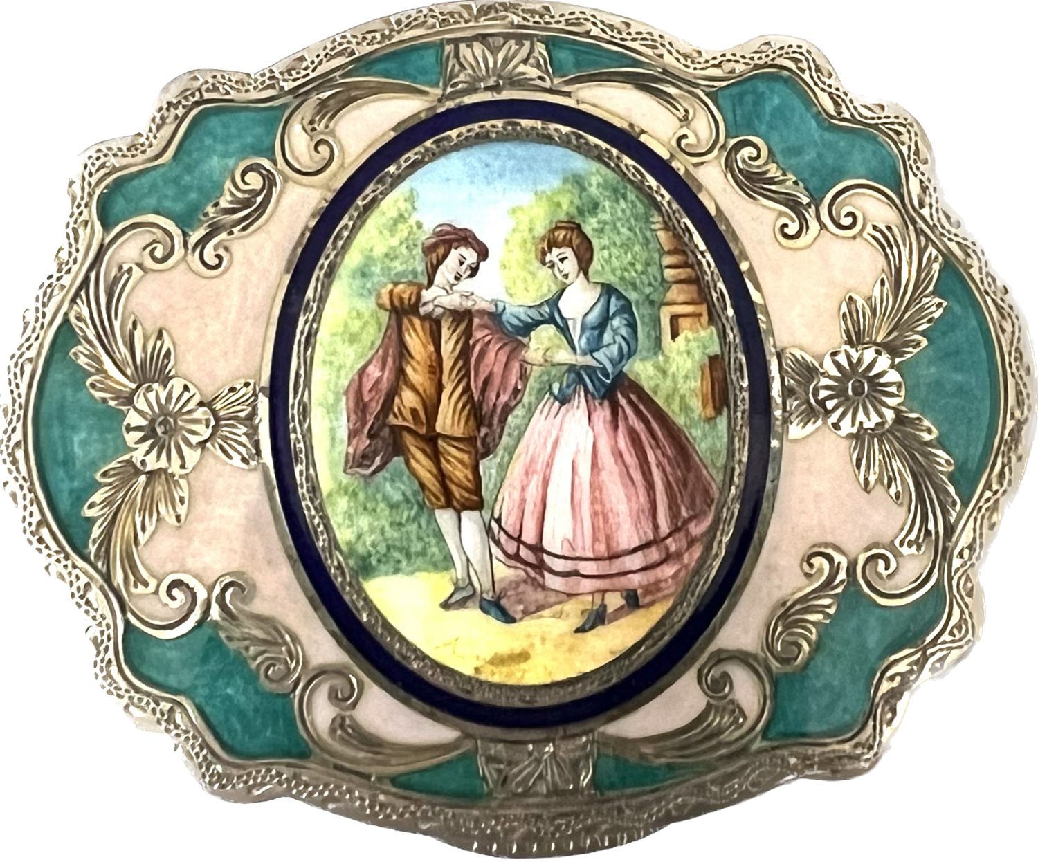 Box engraved silver inside gilded , with enamel gallantry scene of a couple from the 18th century made in Italy ca. 1920’s