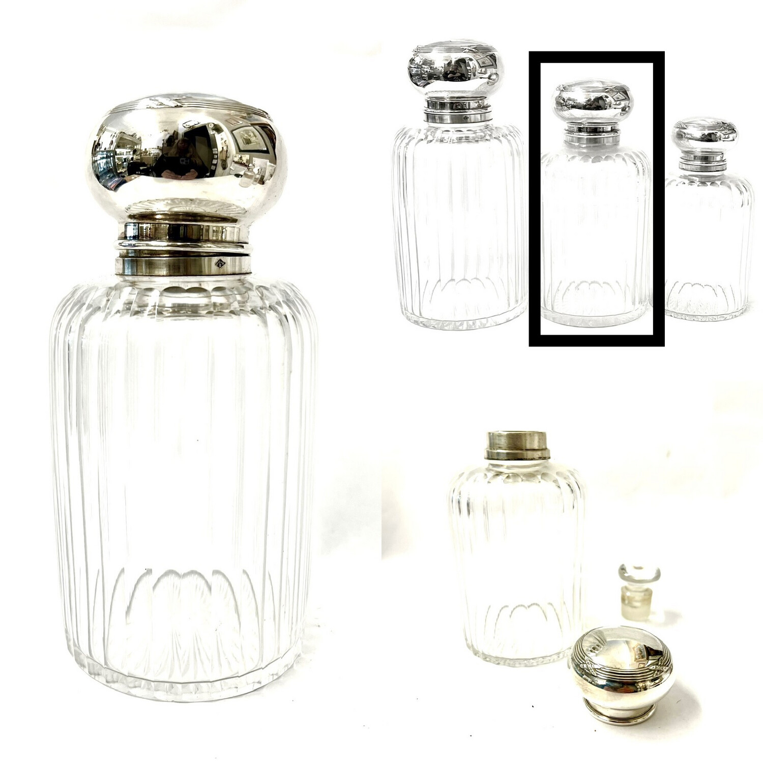 Medium size bottle in 950 silver with glass stopper cut crystal France around 1900 brand Saglier Frères cross band pattern. This is the medium size bottle of the total of 3 bottles in different sizes
