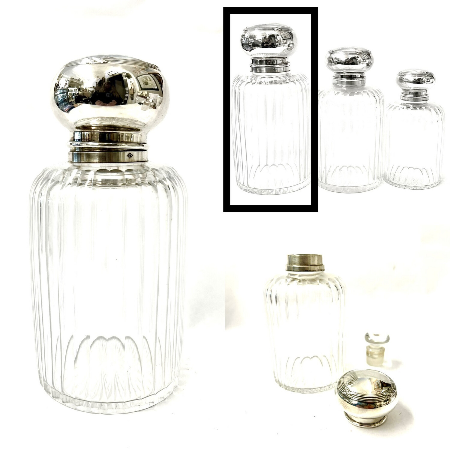 Large bottle in 950 silver with glass stopper cut crystal France around 1900 silversmith Saglier Frères cross band pattern. This is the large bottle of the 3 bottles in different sizes