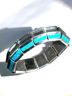 Bracelet bangle sterling silver Mexico turquoise great design, 11 elements with hinge, concave elements unusual
