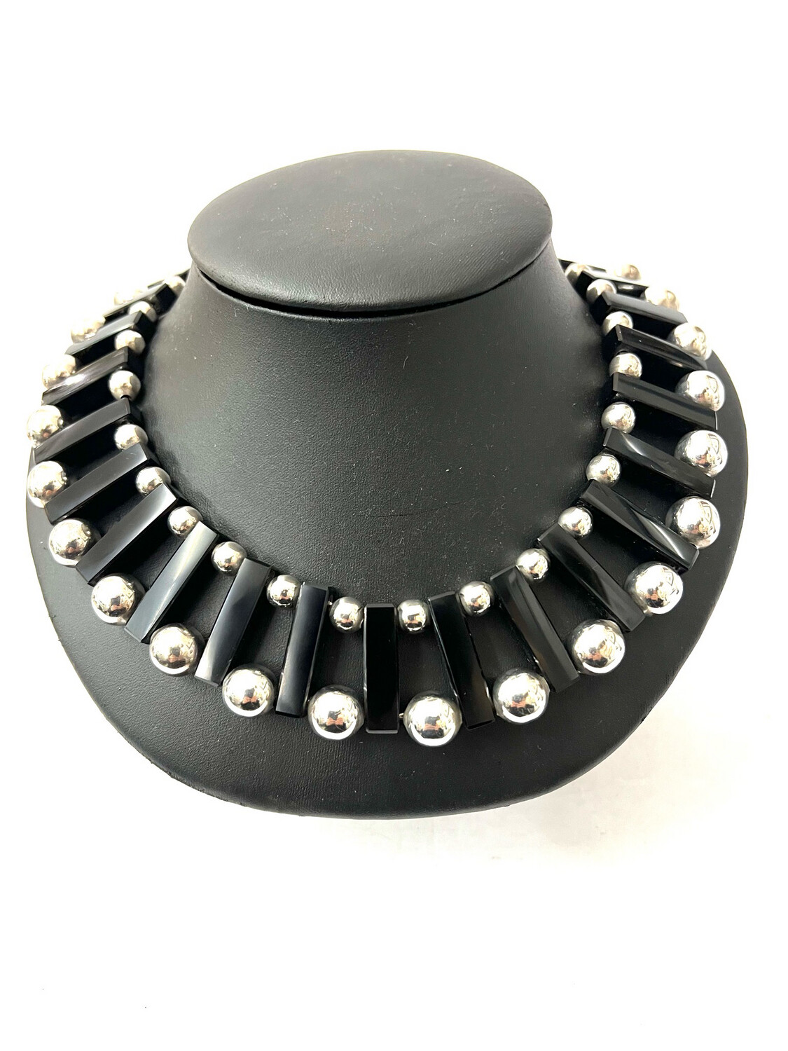 Necklace modernist necklet 925 sterling silver large and small silver pearls balls connected with onyx rods, impressive design Taxco Mexico