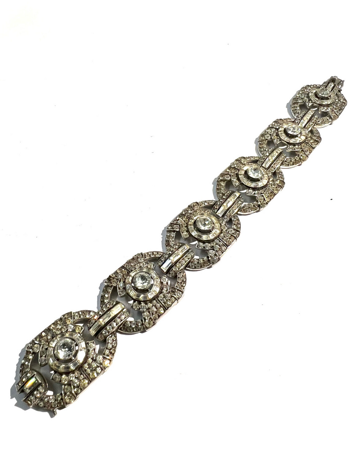 Wide, attractive bracelet 935 silver with white paste stones Art Deco 1920s Germany Baguette and round rhinestones