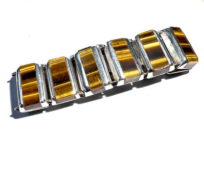 Bracelet 925 sterling silver with tiger eye inlay Mexico eagle 2 geometric design, 11 elements with rings connected with safety chain