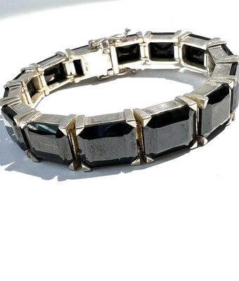 Bracelet Sterling 925 silver square hematite stones in Art Deco style signed TS probably 1960&#39;s