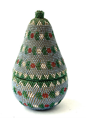 Biedermeier box in the shape of a pear covered with bead embroidery on wood circa 1810 with a screw thread in the wood