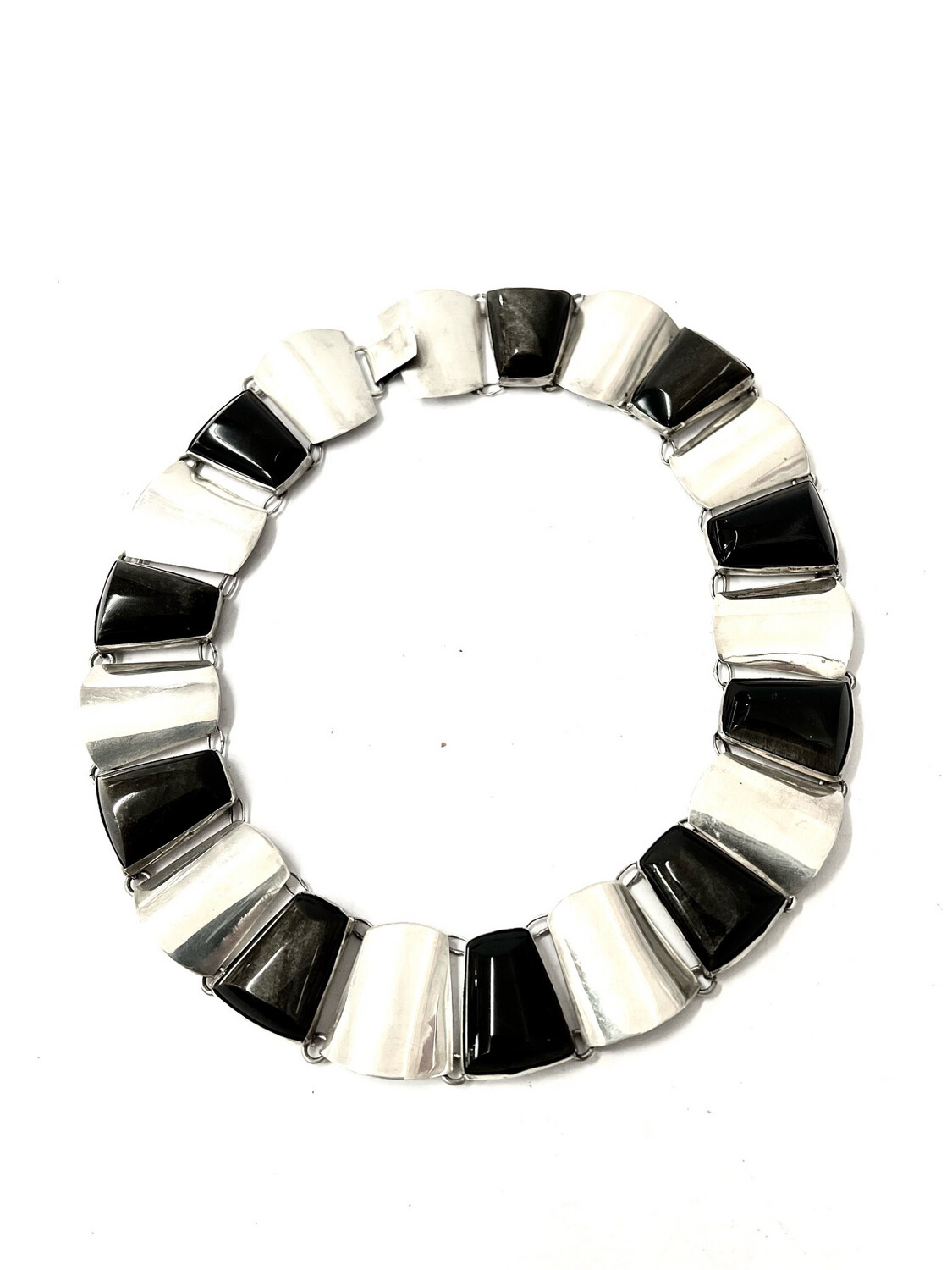 Collier necklace Torque 925 sterling silver with obsidan alternating with silver plates