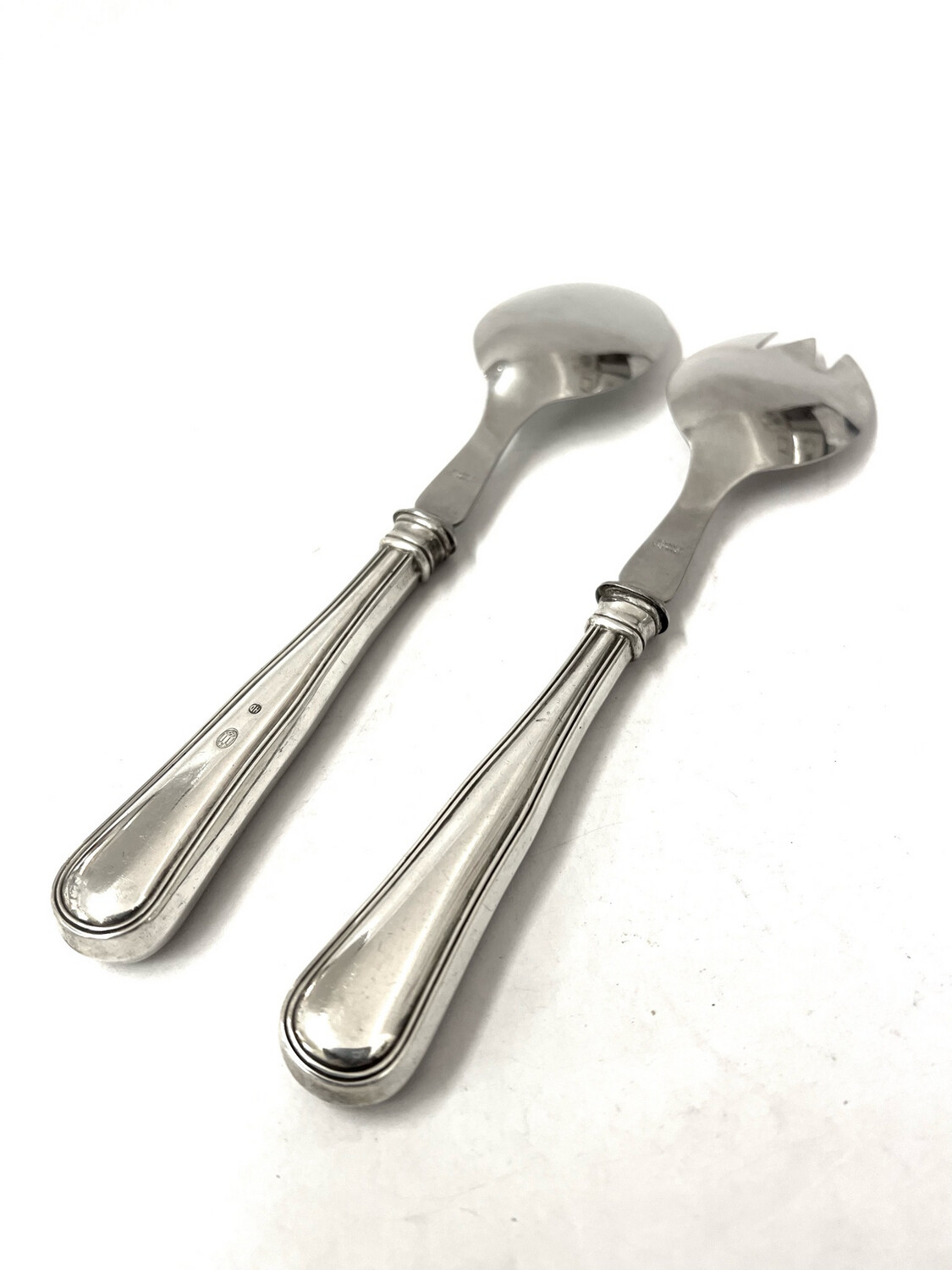 Salad cutlery 2 parts salad fork and salad spoon with silver handles and steel Denmark stamp for 1960