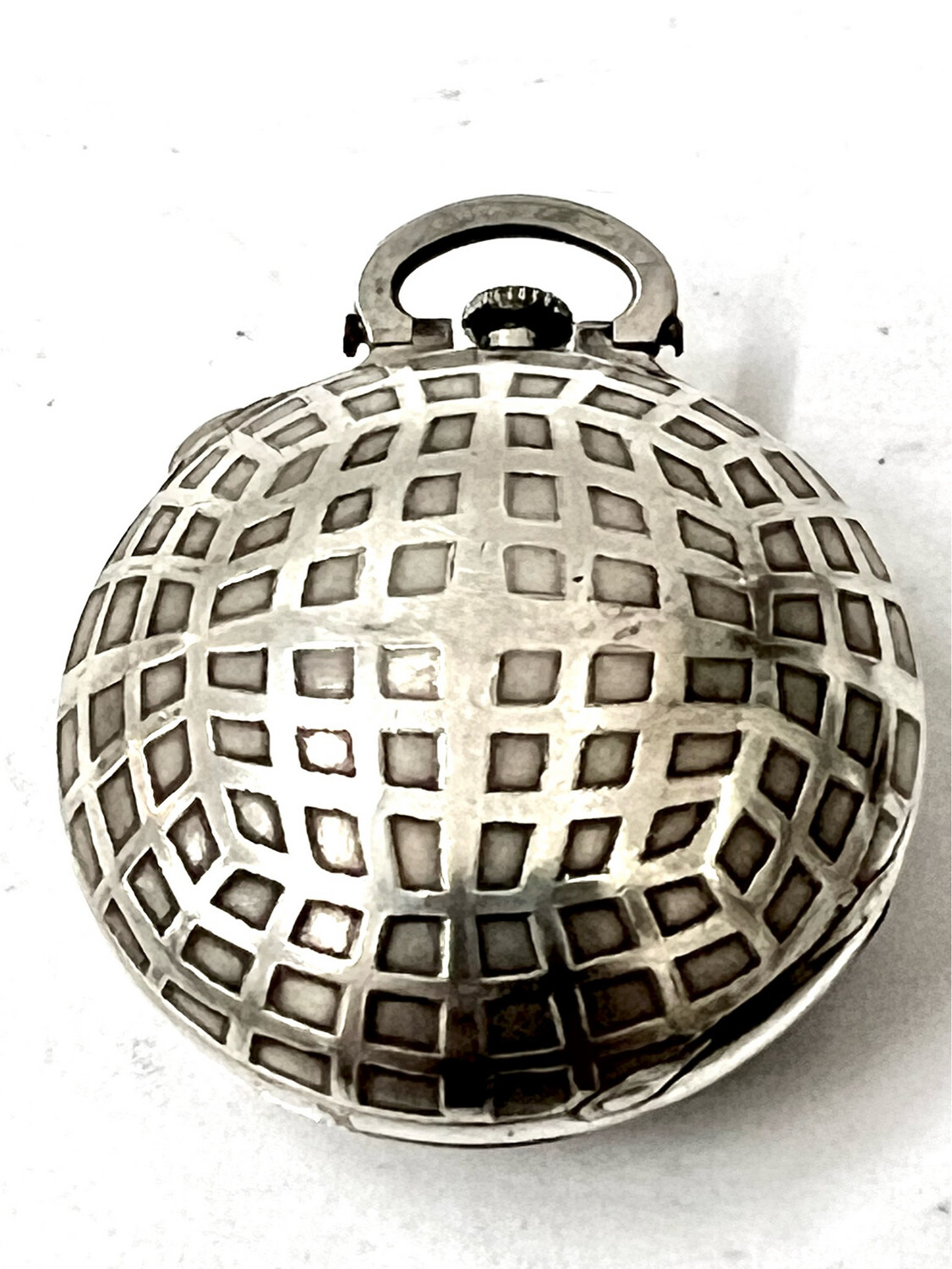 Hunter Pocket watch savonette in the shape of a golf ball from the 1920s, silver-plated with patent for the case , mechanical movement enamelled dial , functional, rare 