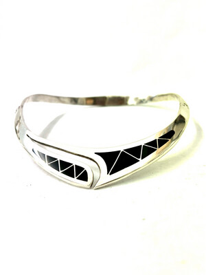 Choker necklace Collier Torque solid 925 sterling silver with onyx inlay Mexico, modern chic asymmetrical design