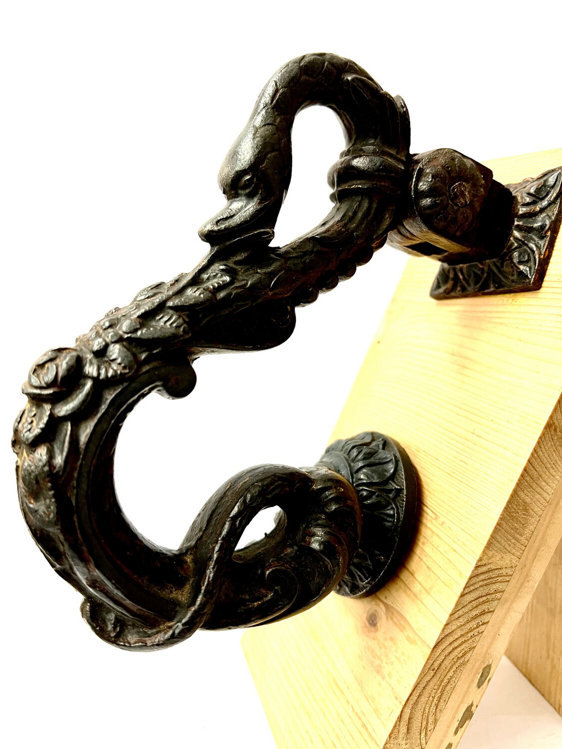 Antique door knocker with iron counterpart Napoleon III historicism around 1870 design with swan head made of cast iron in the Renaissance style
