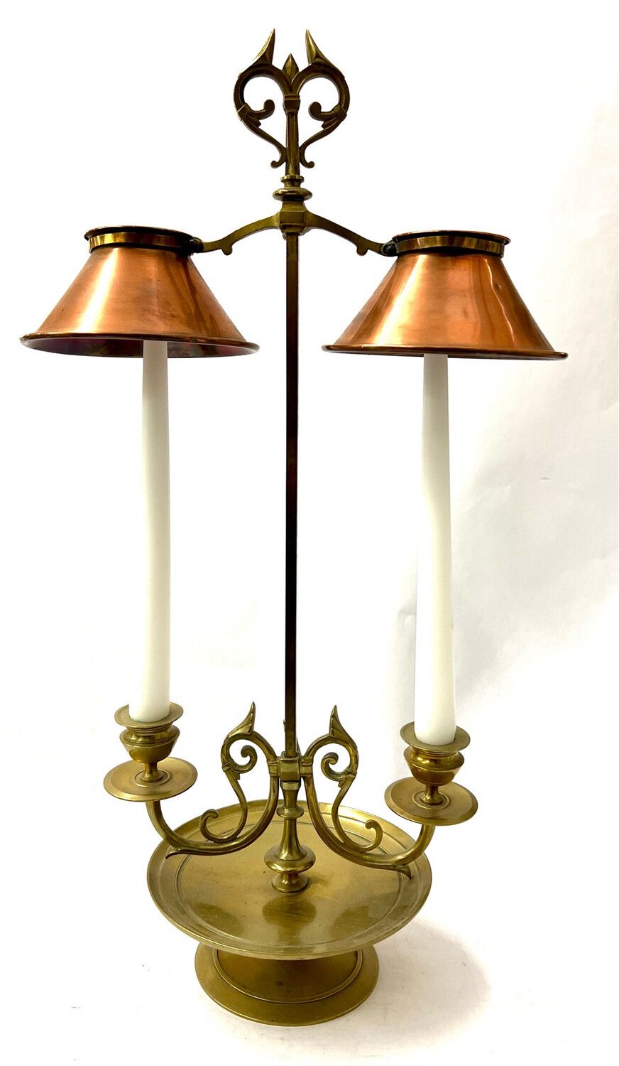 Bouillotte lamp student lamp candle holder with 2 shades brass and copper around 1870 Napoleon III France 19th century height adjustable candlestick antique original