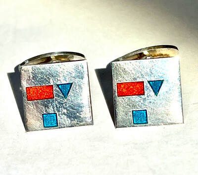 Cufflinks 830 silver Sweden with enameled geometric patterns, probably 1980s, signed Albrecht, advertising