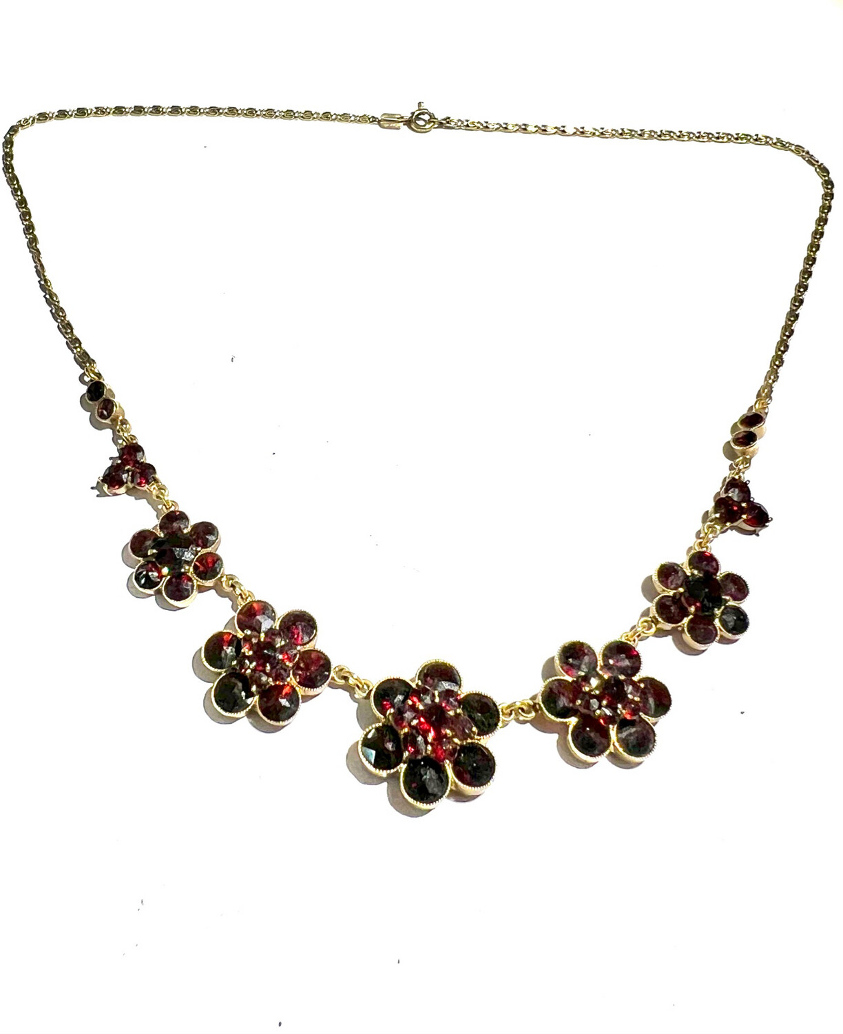 Granatcollier Halskette mit Granaten aus Granatgold gemarkt „Norm“ 250‘er Gold ca. 1900 Deutschland 