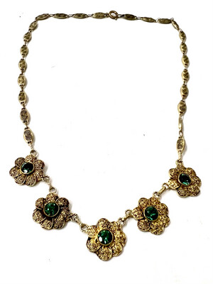 Necklace silver gold-plated signed Theodor Fahrner with green tourmalines gemstones Germany Pforzheim around 1930&#39;s