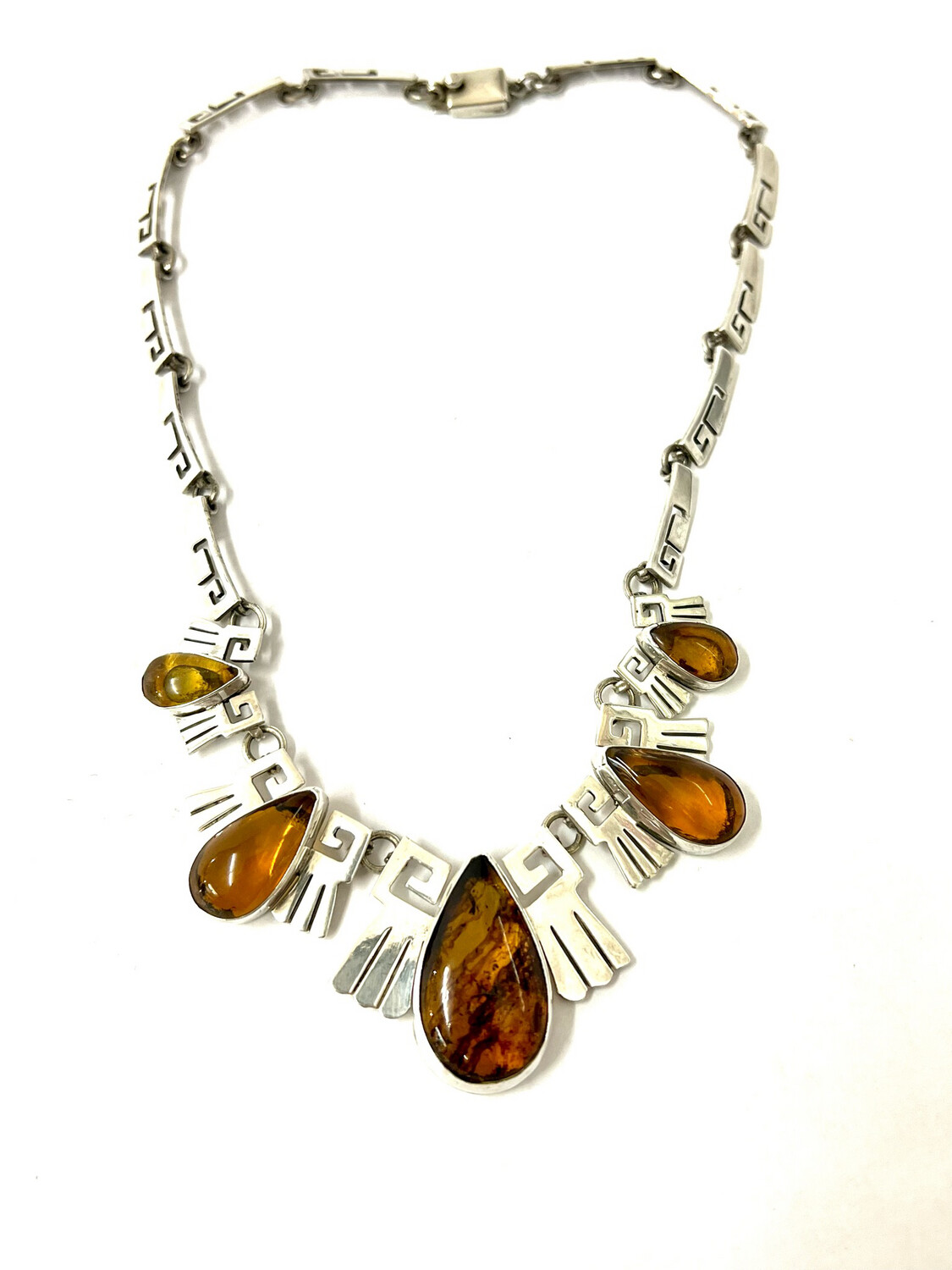 Necklace 925 silver with 5 large teardrop amber in Aztec design from Mexico