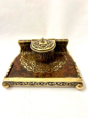 Erhard &amp; Söhne inkwell Art Nouveau, burl wood inlaid with brass around 1900 Germany signed