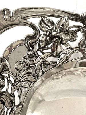 Silver 800/1000 bowl, fruit bowl, bread bowl, Art Nouveau around 1900 Germany with openwork, floral pattern, lilies