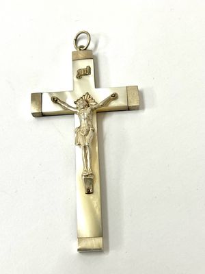 Large pendant silver mother of pearl crucifix cross France around 1880