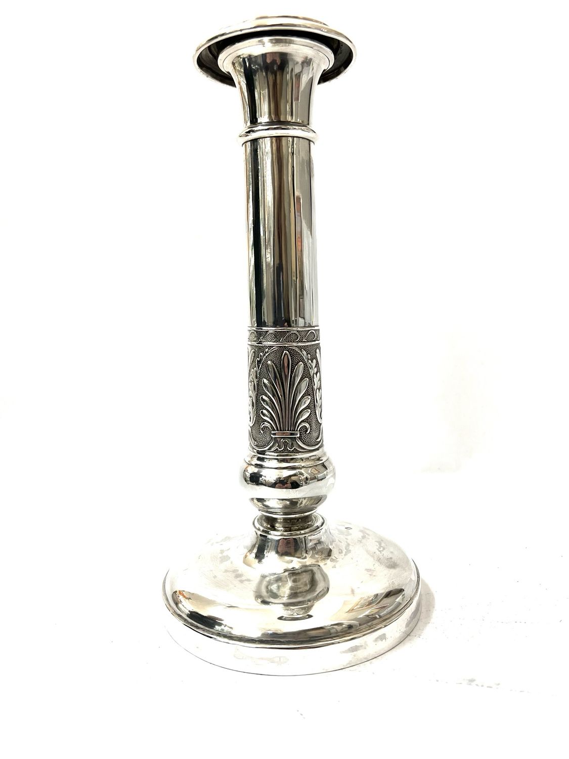 Antique 950 silver candlestick Empire hallmarks for 1818-1838 France, simple shape with palm leaf decoration 19th century