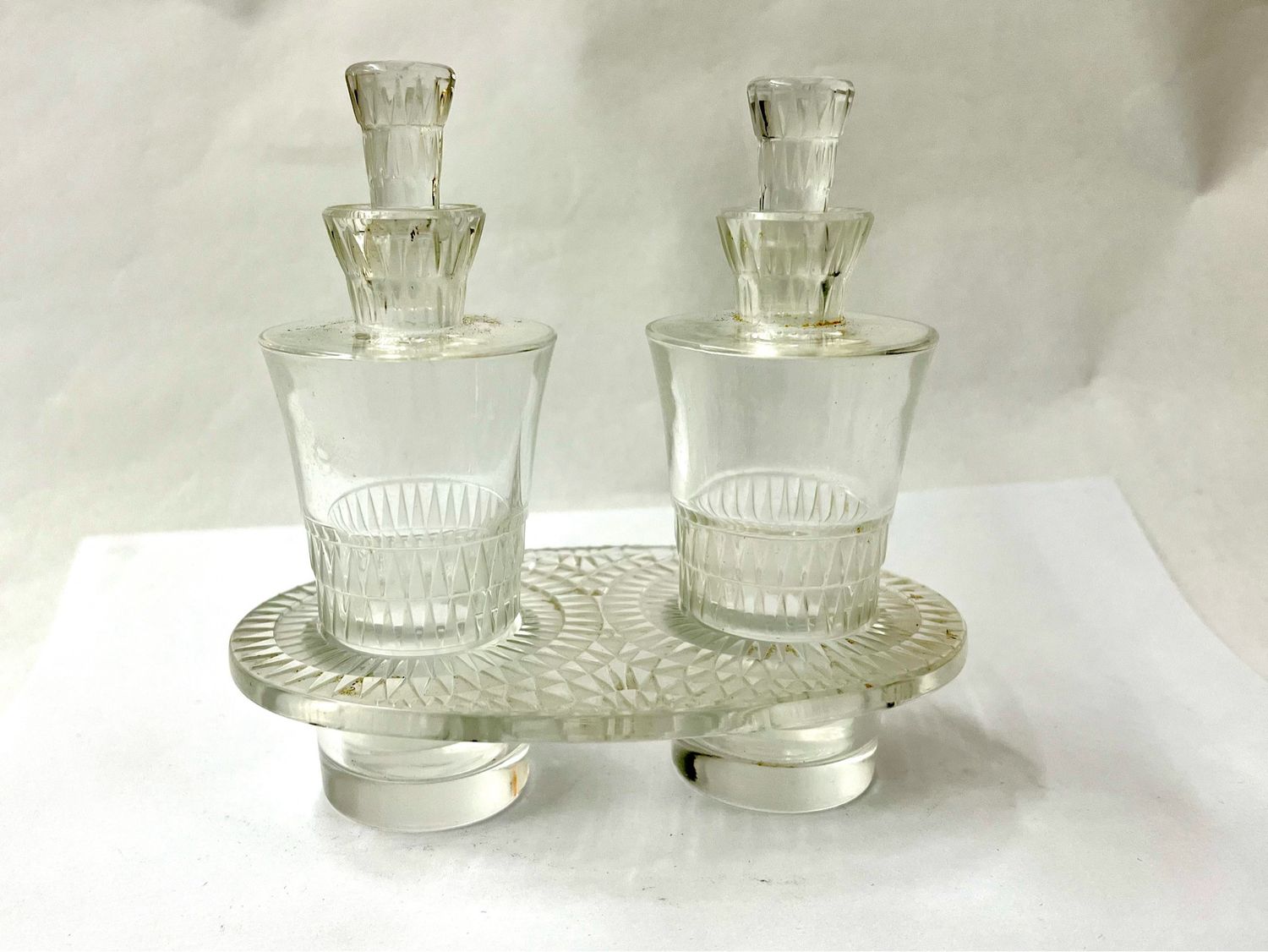 cruet set signed glass oil vinaigre bottles in stand triangle design egyptian