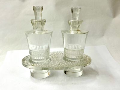 cruet set signed glass oil vinaigre bottles in stand triangle design egyptian