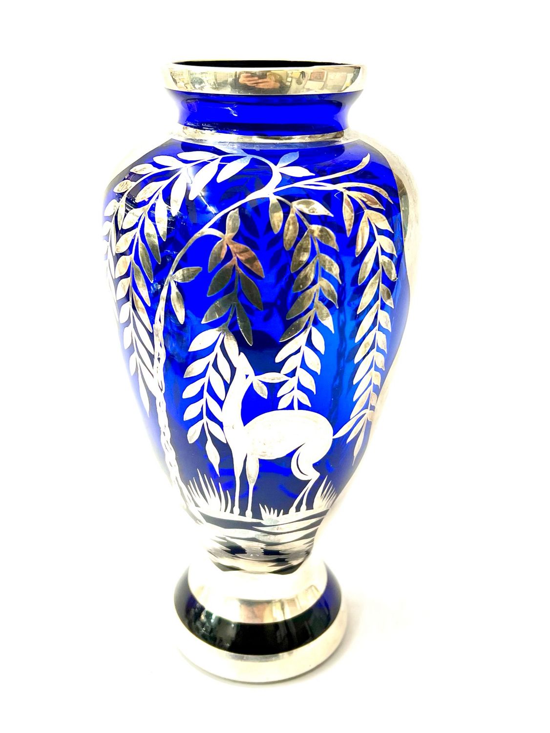 Blue glass vase with silver overlay Art Deco, deer and tree motif from the 1920s