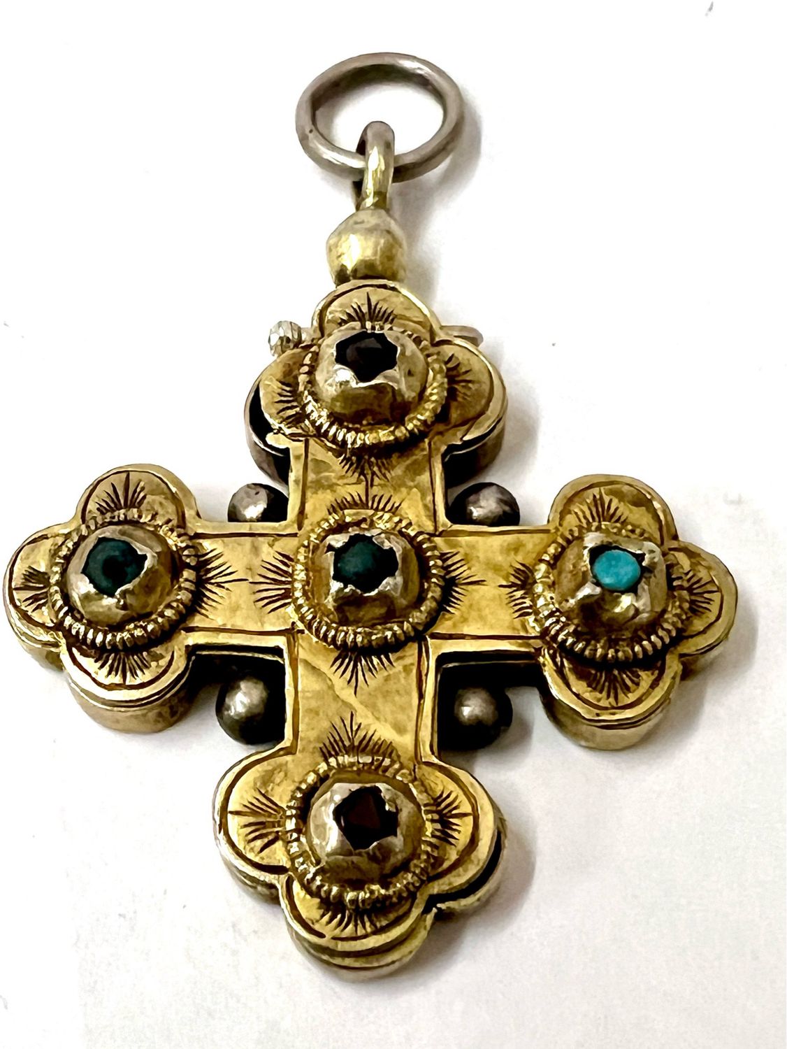 Antique relic cross pendant 14th century silver with gemstones to open