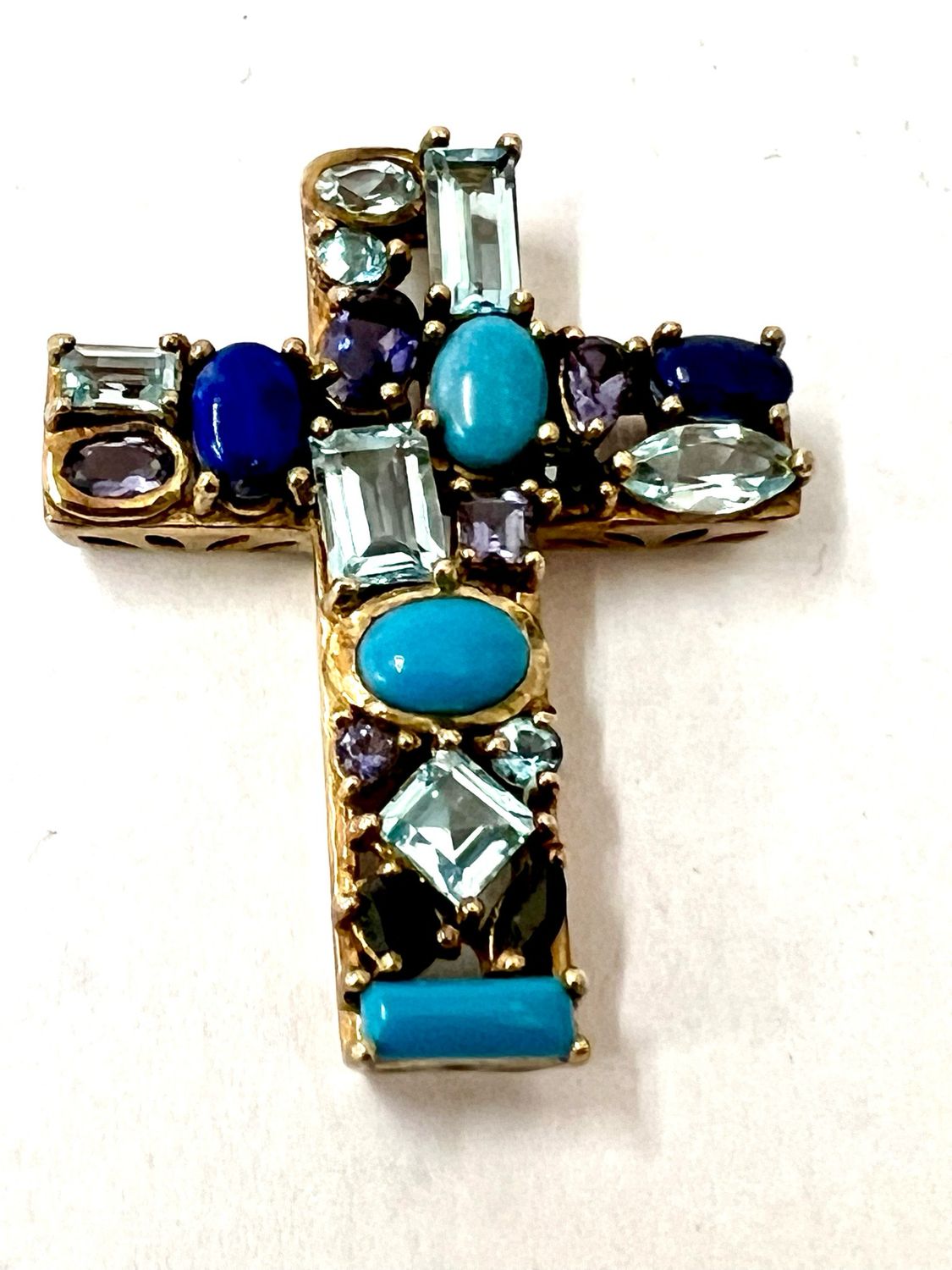 Silber vergoldet Kreuz Anhänger mit verschiedenen Edelsteinen Topaz, Lapislazuli, Saphir Emaille 