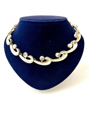 Silver necklace with moonstones Mexico Taxco Antonio Pineda (1919-2009) modernist, design with waves