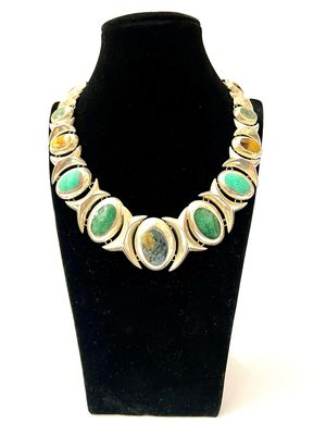 Impressive 925 sterling silver necklace made in Mexico Taxco set with different gemstones