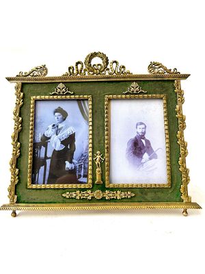 Fotorahmen für 2 Fotos vergoldete Bronze um 1900 , grüner Samt 