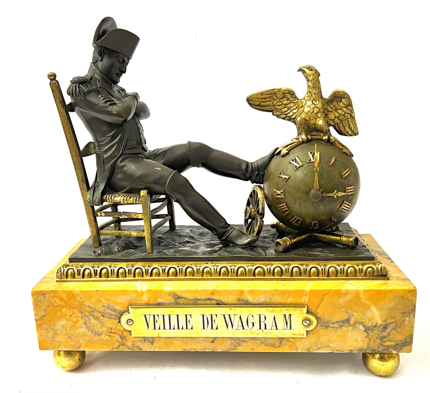 Napoleon Bonaparte mantel clock with sculptural representation of bronze on marble 19th century &quot;Veille de Wagram&quot; The night before the Battle of Wagram 1809 Austria Vienna