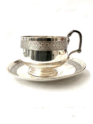 950‘er Silber Tasse mit Untertasse Frankreich um 1900 mit Dekoration eines Ziegenbockkopfs 