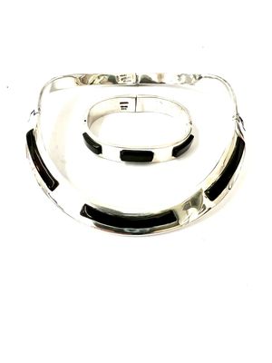 Silber Sterling Halsreif mit mit passendem Armreif besetzt mit rechteckigen dicken über dem Silber herausragenden Onyx Steinen modernistisches Design Mexico 
