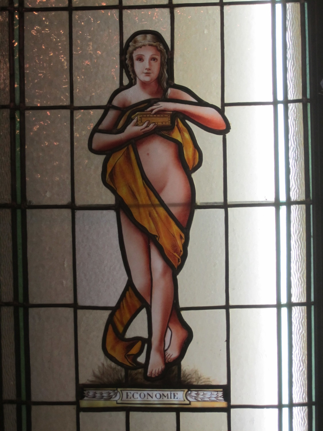 Bleiverglastes Jugendstil Fenster um 1900 nackte Frau ,Art nouveau, Bleiglas, Leaded glass window of a naked lady