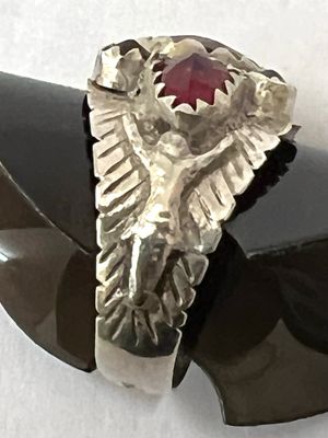 Antiker 12 Lot Silber Ring um 1800 deutsch rote Glassteine Jesus Darstellung auf beiden Seiten 
