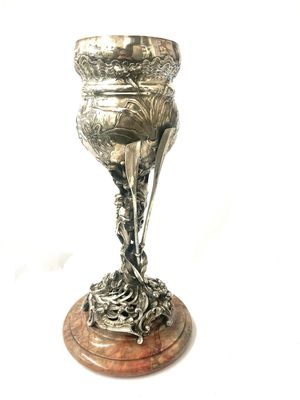 Trophäe Pokal Silber Jugendstil um 1900 Belgien `Delheid Frères´ Ruderer Pokal, silver art nouveau trophy by famous belgian silversmith on marble base