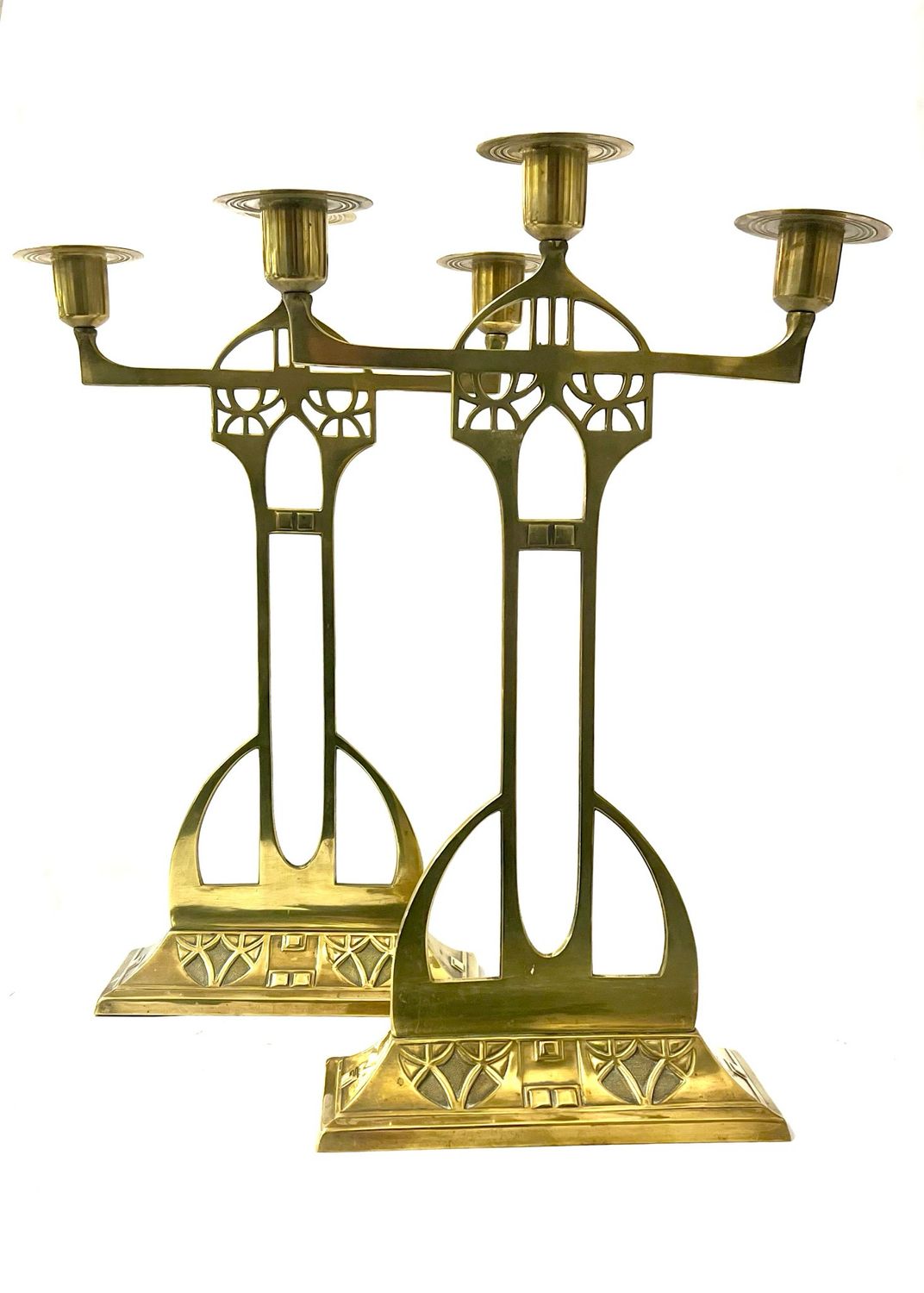 WMF Paar Kandelaber für je 3 Kerzen Messing Jugendstil um 1900