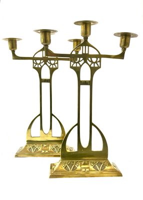 WMF Paar Kandelaber für je 3 Kerzen Messing Jugendstil um 1900