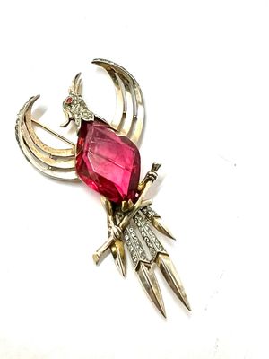 Large brooch signed “Trifari” sterling silver gold-plated, in the shape of a firebird set with rhinestones