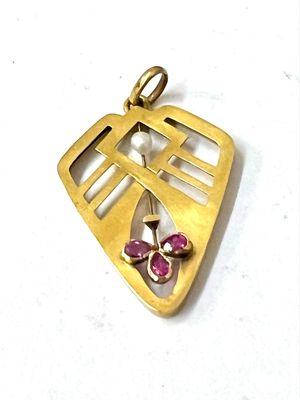Anhänger Jugendstil 625 Gold England um 1905 im Sezessionsstil mit Perle und Rubin 
