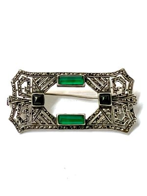 Brosche Silber Markasiten Onyx , Chrysopras Art Deco 1920‘er Jahre  