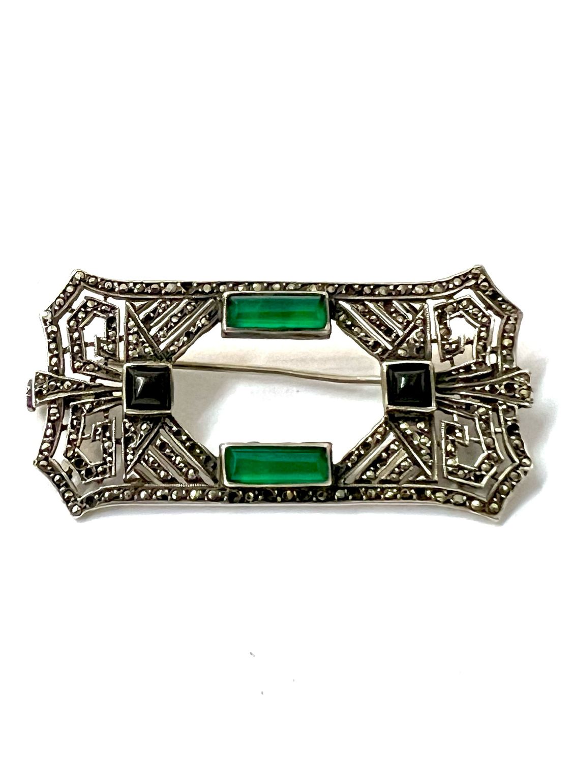 Brosche Silber Markasiten Onyx , Chrysopras Art Deco 1920‘er Jahre  