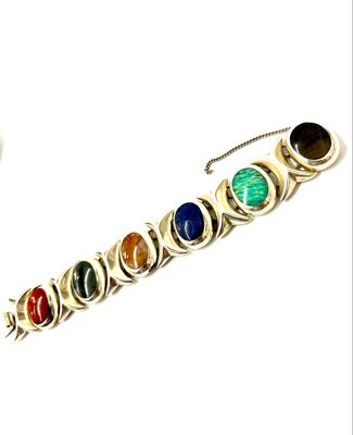 Armband 925 Sterling Silber Mexico Taxco Verschiedene Edelsteine 