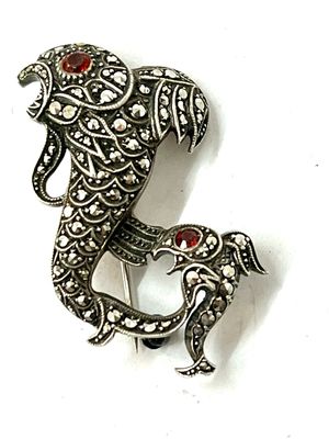Brosche 800 Silber Markasiten, 2 Fische Art Deco , 1950‘er Jahre 