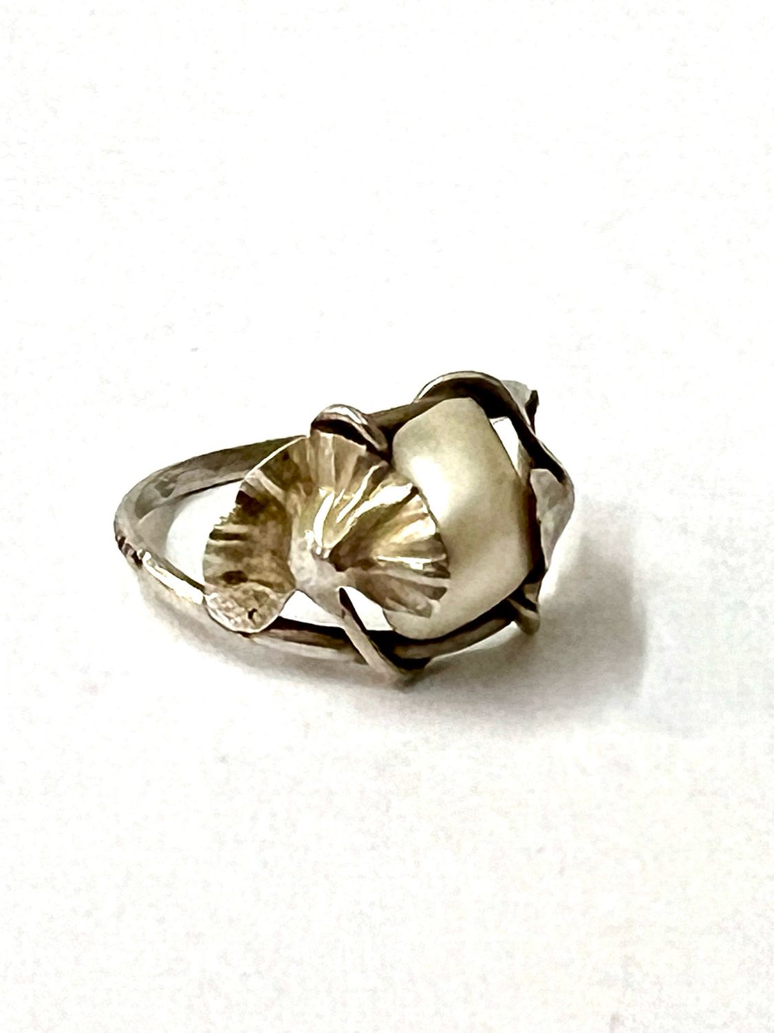 Jugendstil Silber Ring signiert „Dumont“ Gingko Perle um 1900 Frankreich gepunzt