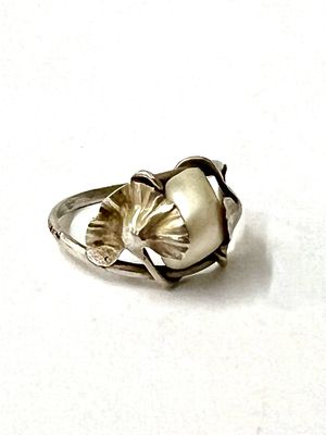 Jugendstil Silber Ring signiert „Dumont“ Gingko Perle um 1900 Frankreich gepunzt